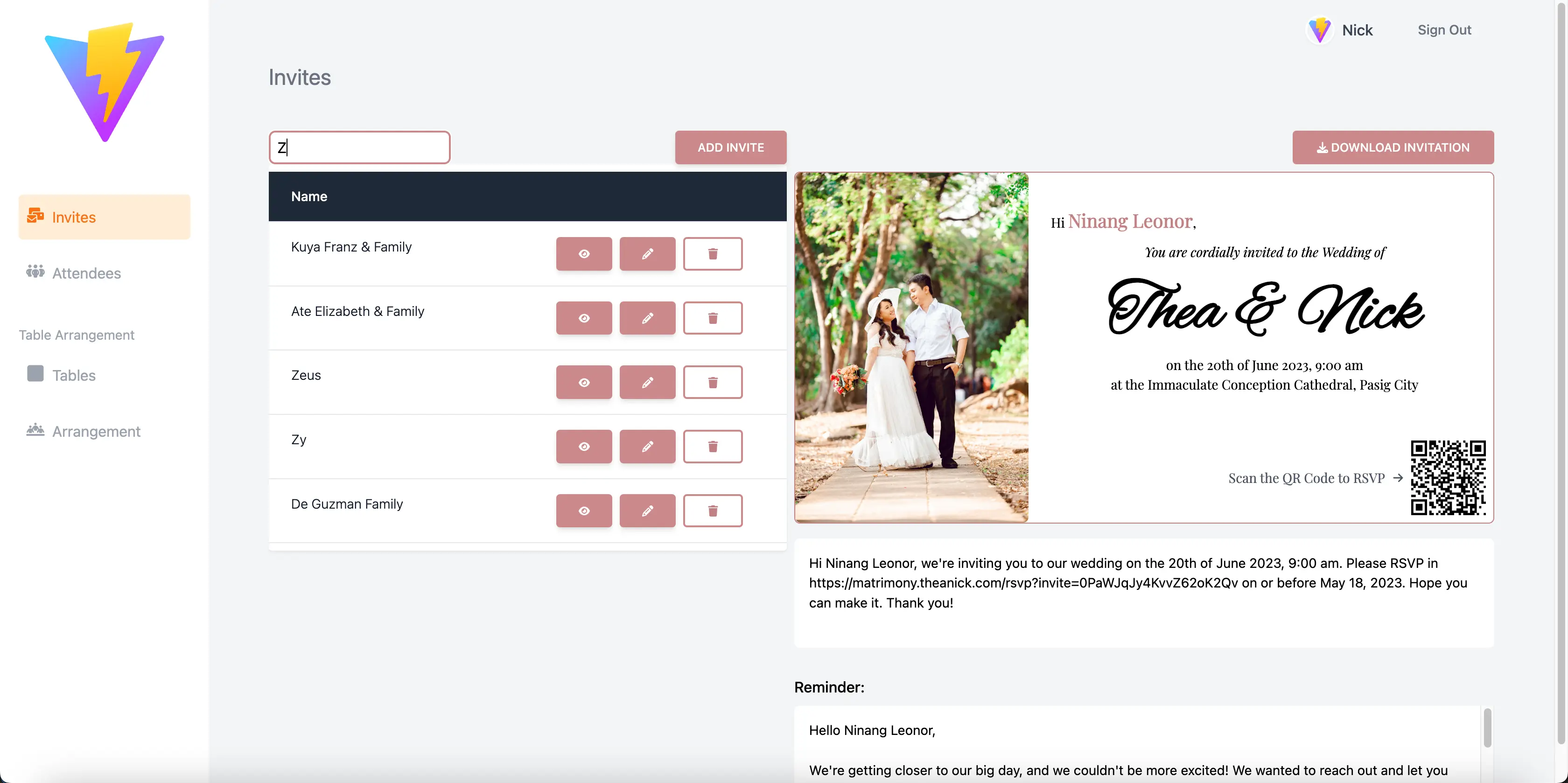 Wedding Invitation Website Console